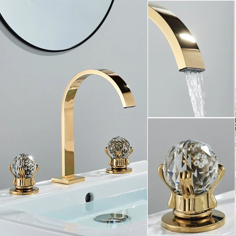 Afralia™ Crystal Handle Gold Bathroom Basin Faucet Three Hole Mixer for Bathtub