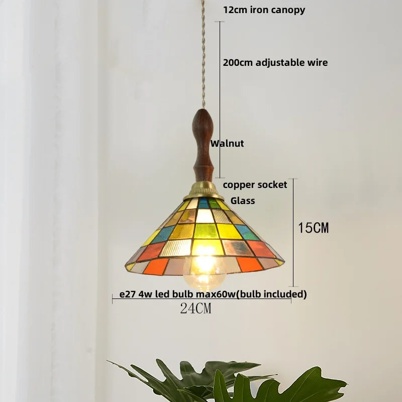 Afralia™ Colorful Glass Magic Cube LED Pendant Lights Tiffany Style Wood Hang Lamp