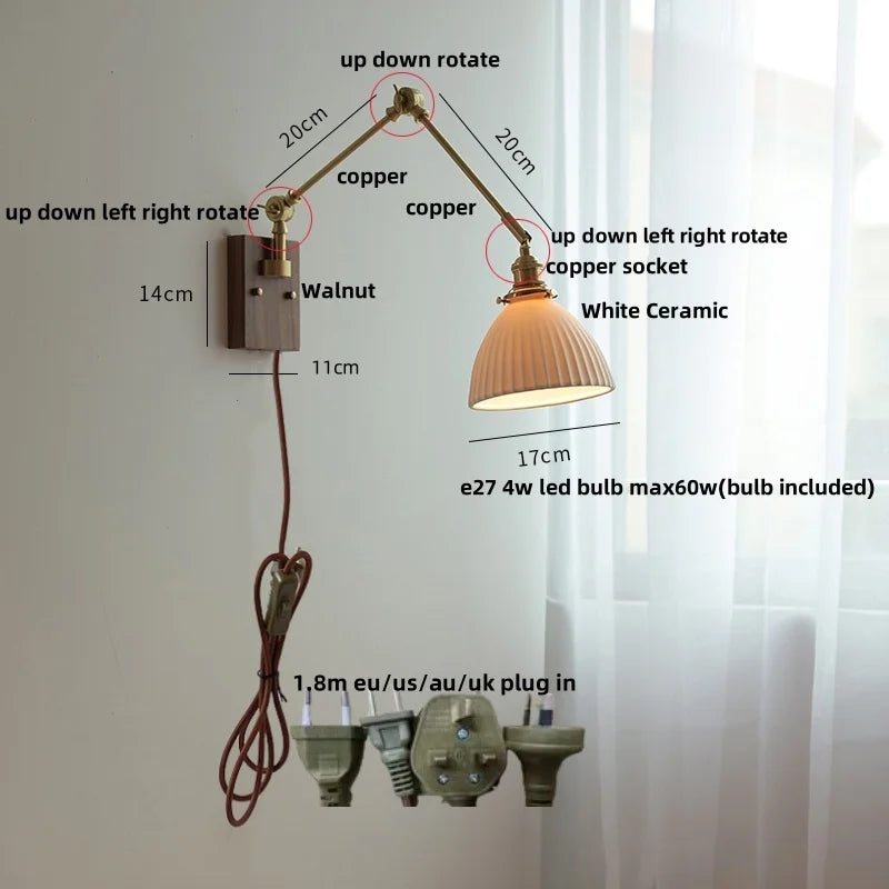Afralia™ Ceramic Ball Brass Walnut Wood Wall Light with Pull Chain Switch