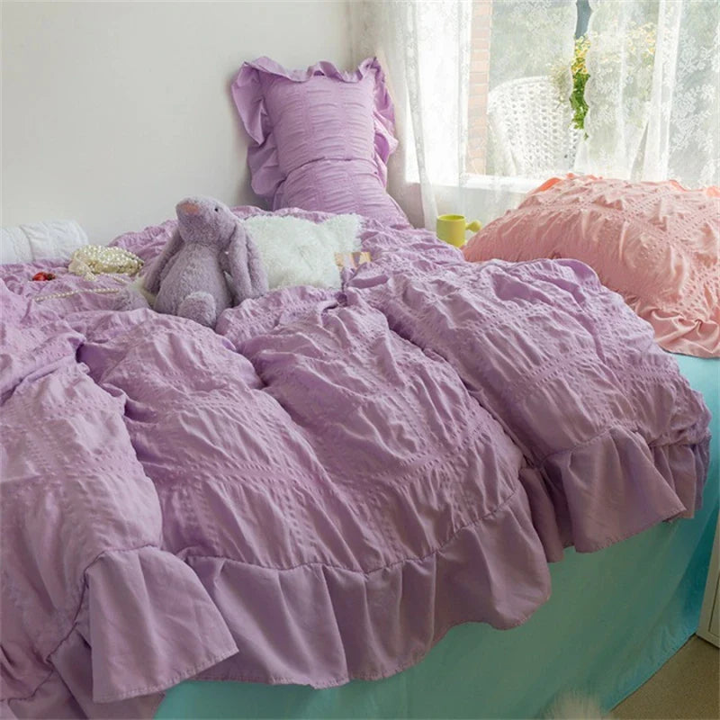 Afralia™ Princess Seersucker Kawaii Bedding Set | Lovely Ruffles Duvet Cover | Soft Comfortable Bed Sets