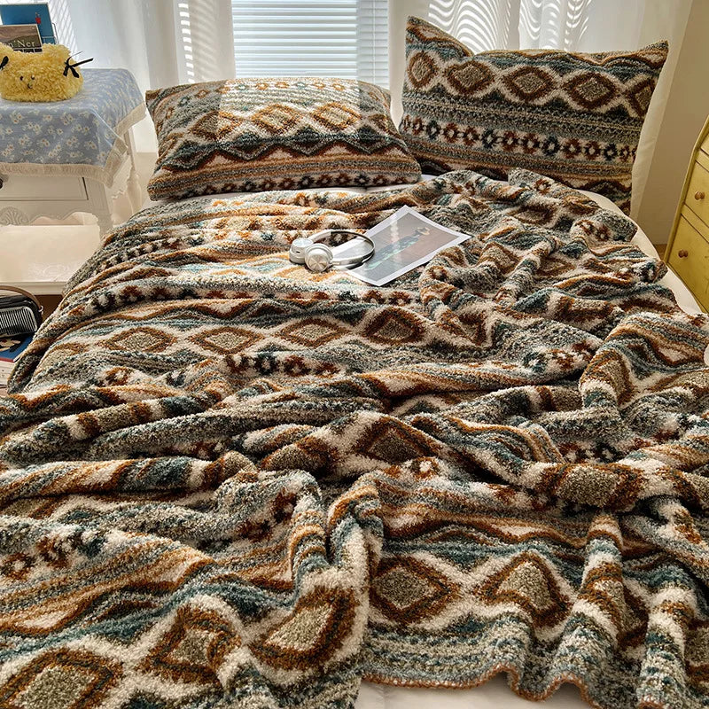 Afralia™ Geometric Printed Half Fleece Sofa Cover: Luxe Bohemian Shawl Blanket for Office Nap