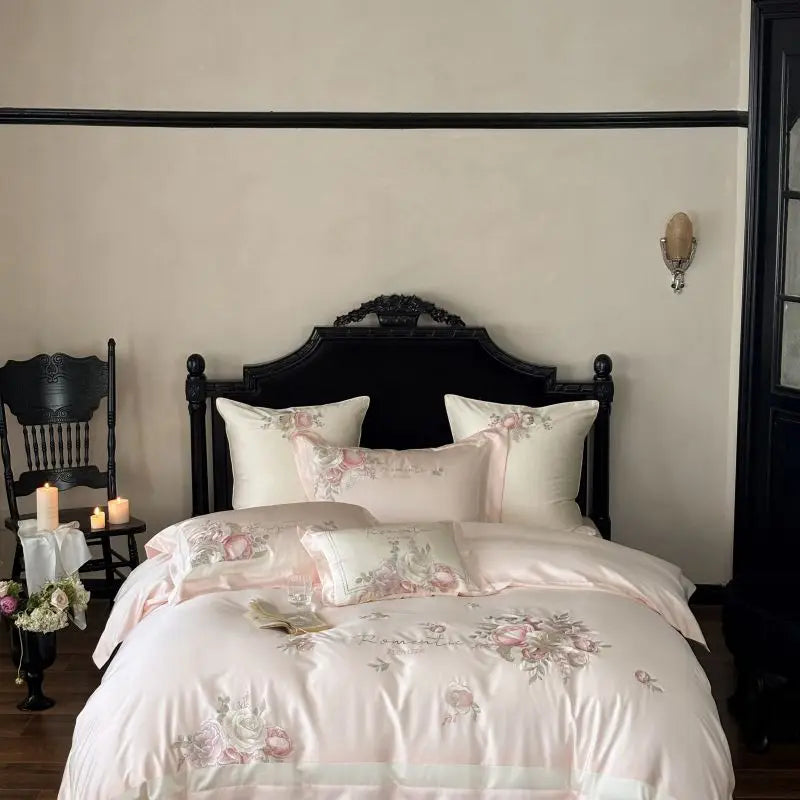 Afralia™ 4-Pc Flowers Embroidery Bedding Set 1000TC Egyptian Cotton Duvet Cover Sheets