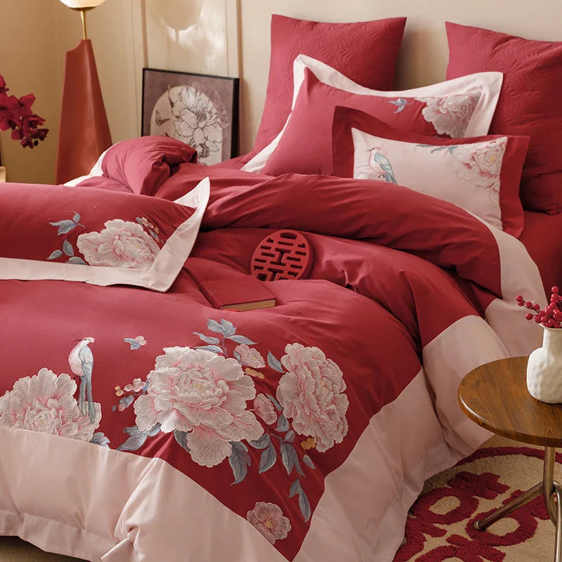 Afralia™ Luxury Chinese Flowers Embroidery Wedding Bedding Set Pillowcases