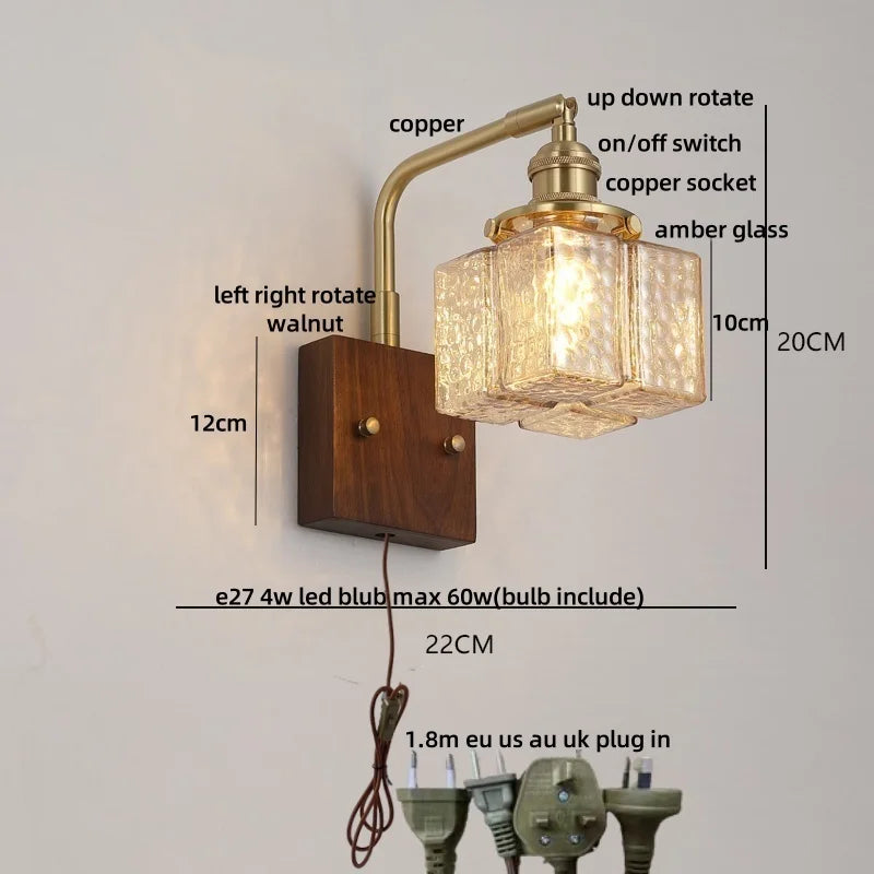 Afralia™ Amber Glass LED Wall Sconce with Walnut Wood, Pull Chain Switch for Living Room