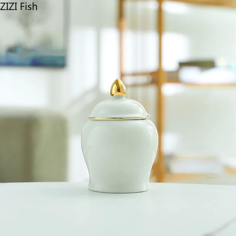 Afralia™ Gold Tea Canister Ceramic Storage Jar with Lid for Desk Decoration