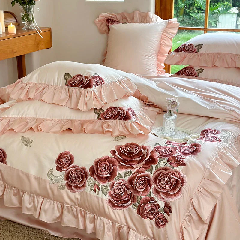 Afralia™ Butterfly Flowers Embroidery Ruffles Wedding Bedding Set: 1400TC 100% Egyptian Cotton