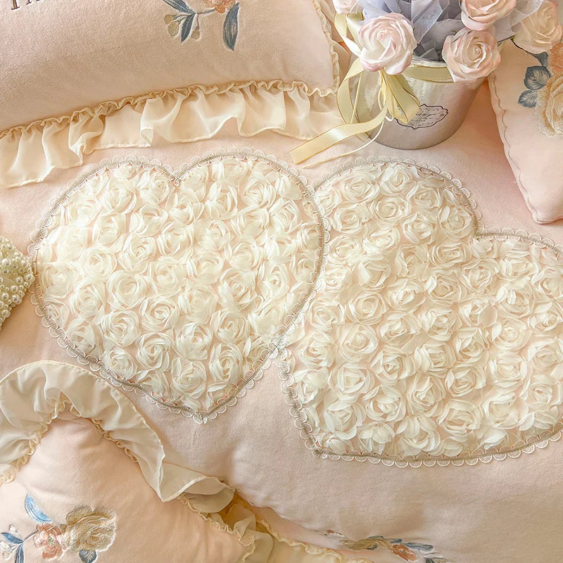 Afralia™ Pink Princess Lace Ruffle Bedding Set with Rose Embroidery, Fleece Duvet Cover, Sheet, Pillowcase