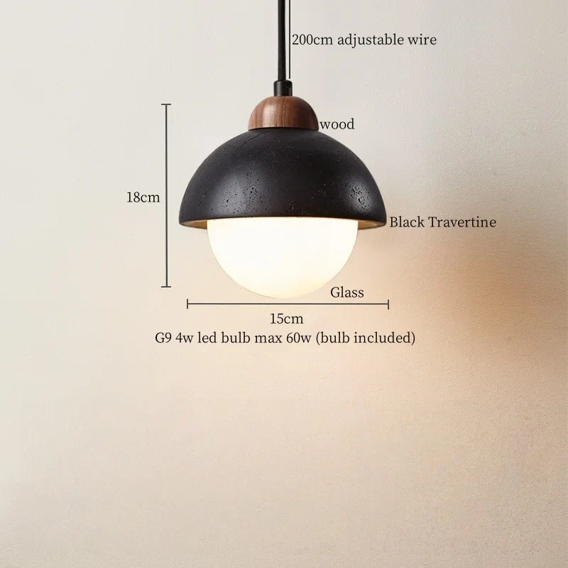 Afralia™ Glass Ball LED Pendant Lights Black Travertine Wabi Sabi Hanging Lamp