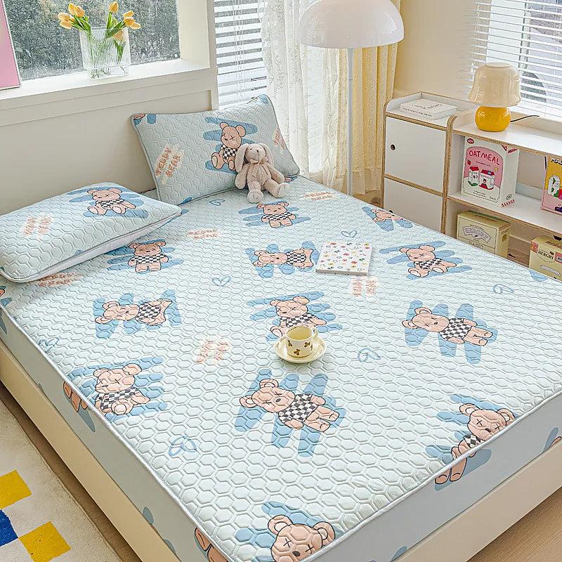 Afralia™ Cool Silk Latex Fitted Sheet Set with Pillowcases, Summer Ice Silk, Single Double Bed