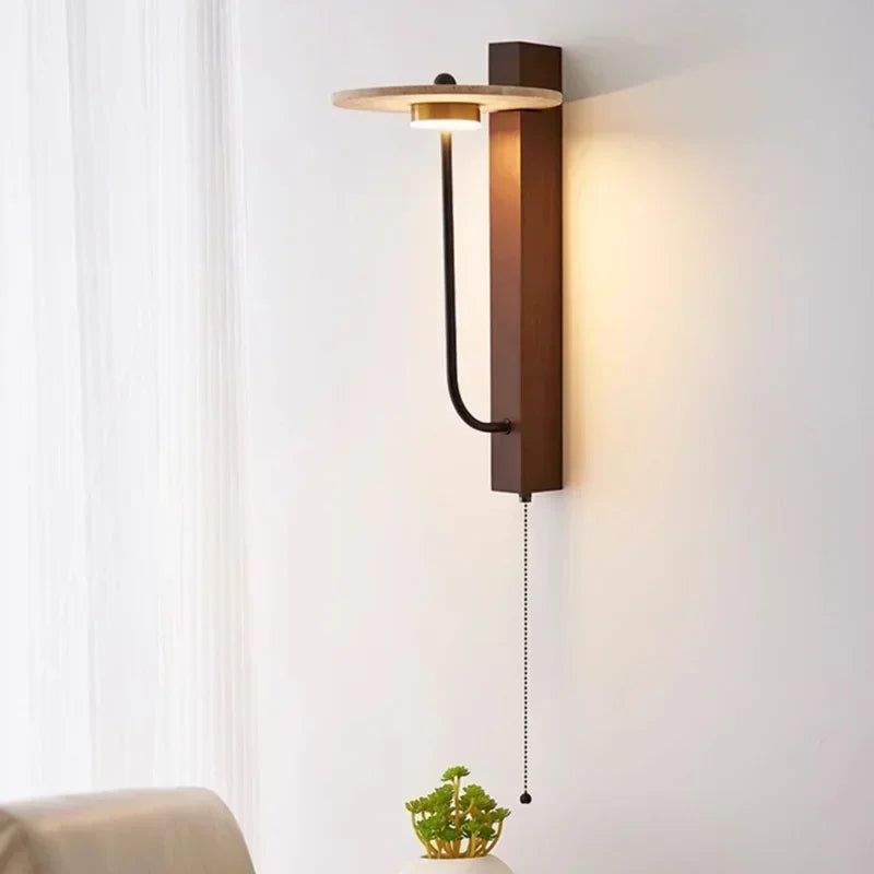 Afralia™ Retro Stone Bedside Wall Lamp in French Yellow Travertine Wood, Bedroom Hotel Wall Light