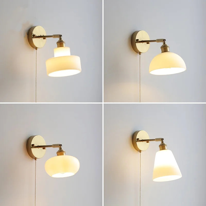 Afralia™ White Glass LED Wall Sconce Pull Chain Switch Stair Light