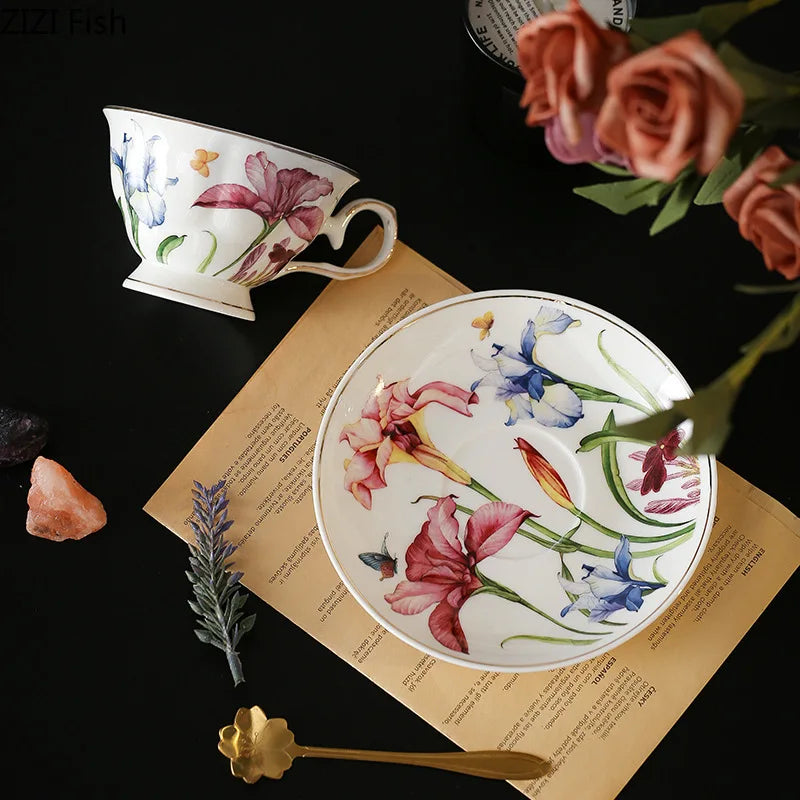 Afralia™ Iris Flower Porcelain Coffee Mug Tea Cup Tableware Set