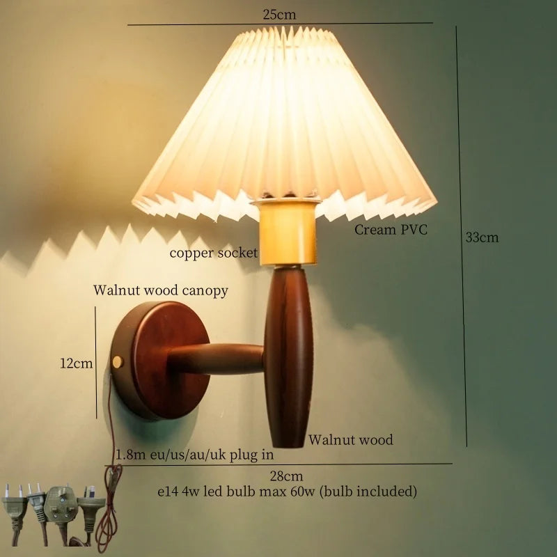 Afralia™ Pleated Fabric LED Wall Sconce Lamp Walnut Wood Light