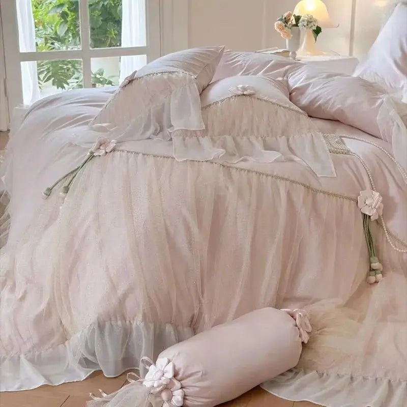 Afralia™ Princess 1000TC Egyptian Cotton Bedding Set with Handmade Flowers & Lace Ruffles