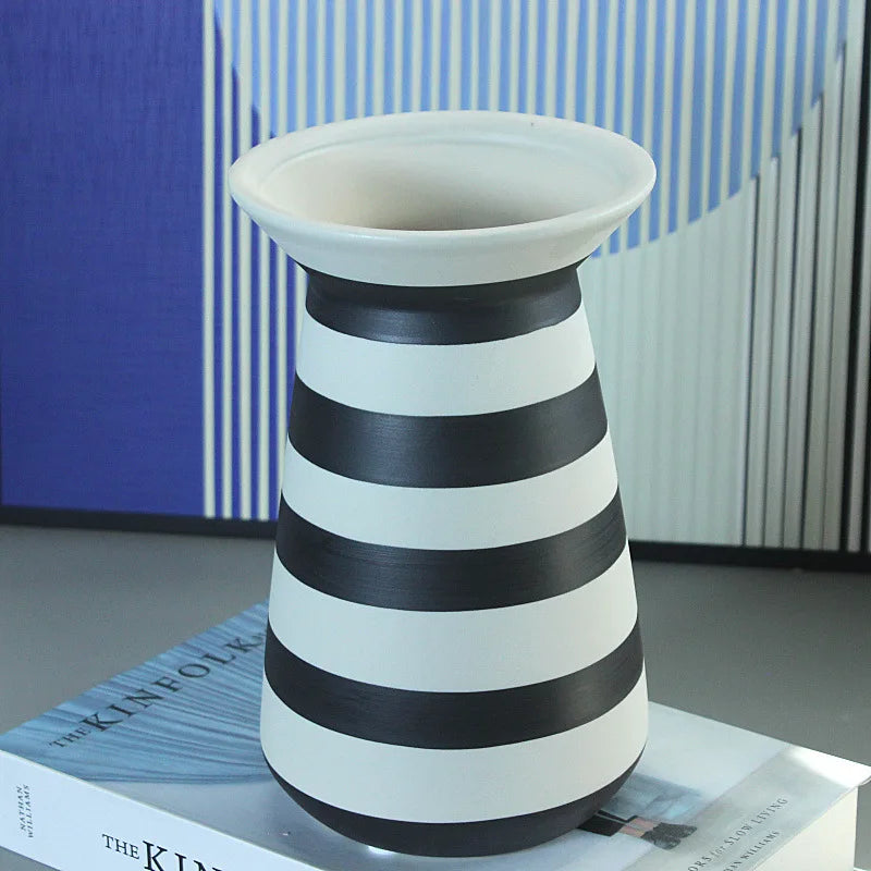 Afralia™ Striped Ceramic Vase: Geometric Black & White Hydroponic Flower Arrangement