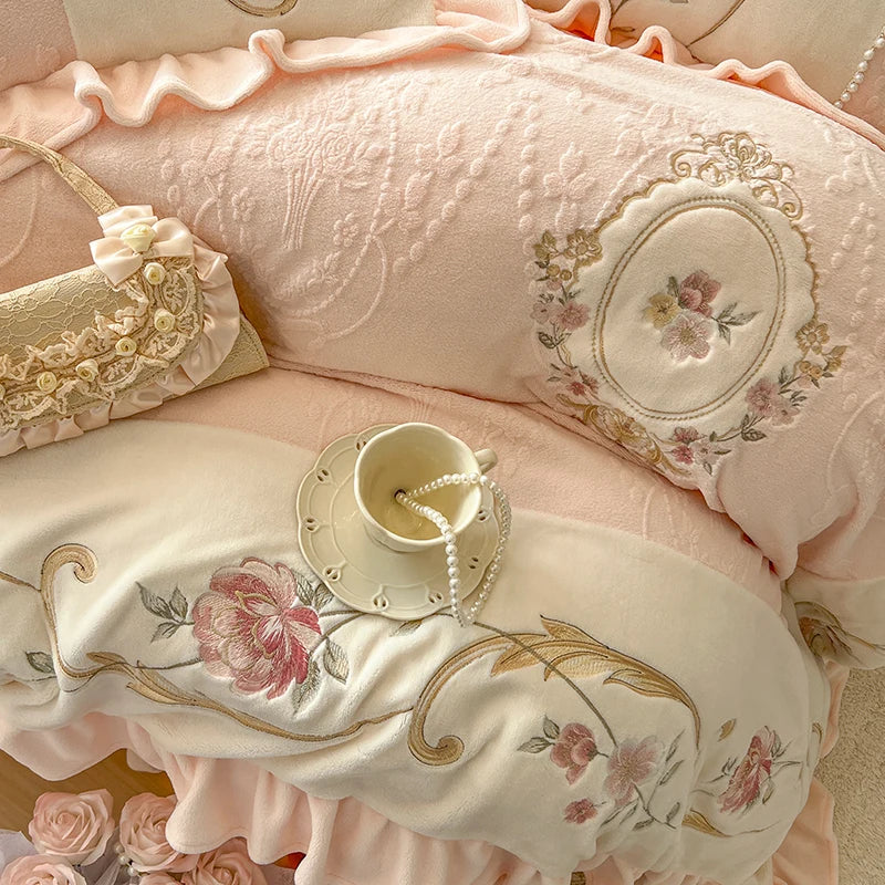 Afralia™ Vintage French Velvet Lace Embroidery Bedding Set with Ruffles Flowers