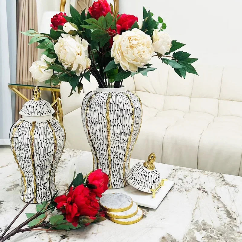 Afralia™ Checkmate Gold Border Spot Vase: Porcelain Handicraft Flower Storage Tank