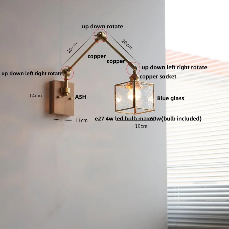 Afralia™ Ash Wood LED Swing Arm Wall Light with Pull Chain Switch & Blue Glass