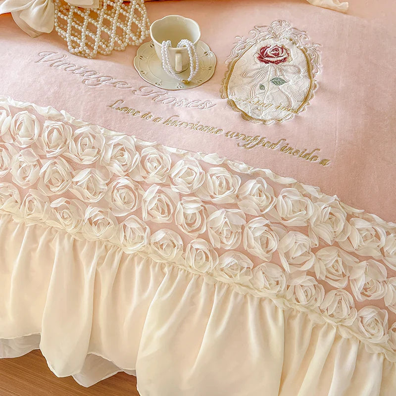 Afralia™ Pink French Rose Velvet Bedding Set with Lace Ruffles & Flowers Embroidery