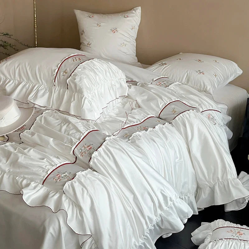 Afralia™ 1000TC Cotton Flowers Embroidery Lace Ruffles Bedding Set
