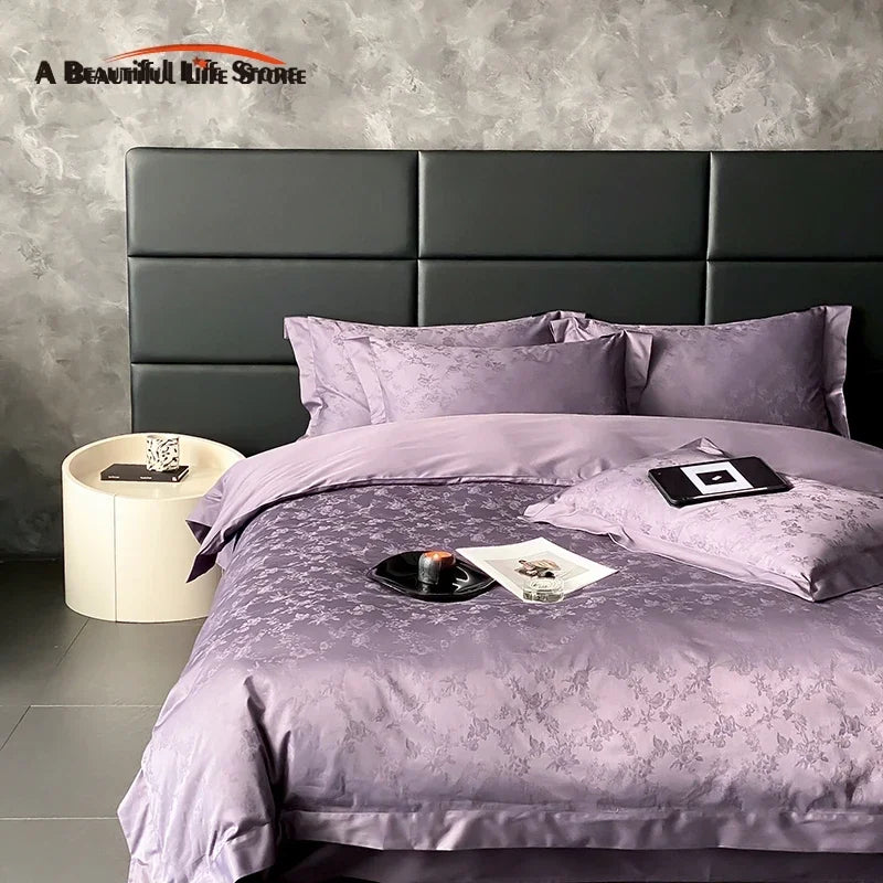 Afralia™ Satin Jacquard Bedding Set, Luxury Purple Flowers, Duvet Cover, Bed Sheet