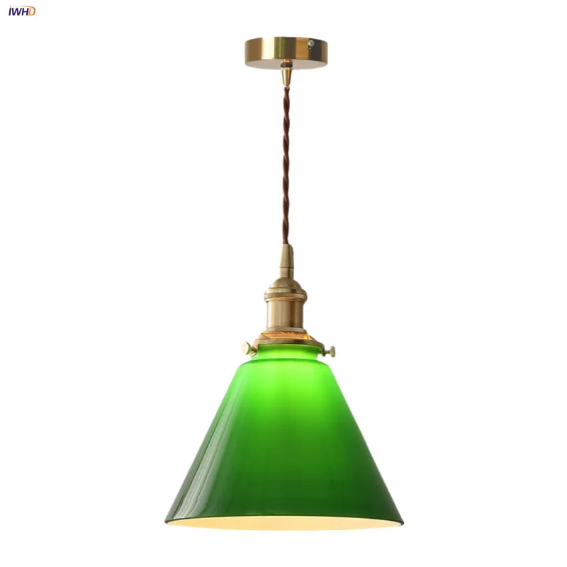 Afralia™ Copper Canopy LED Pendant Light Fixture Green Glass Hanging Lamp