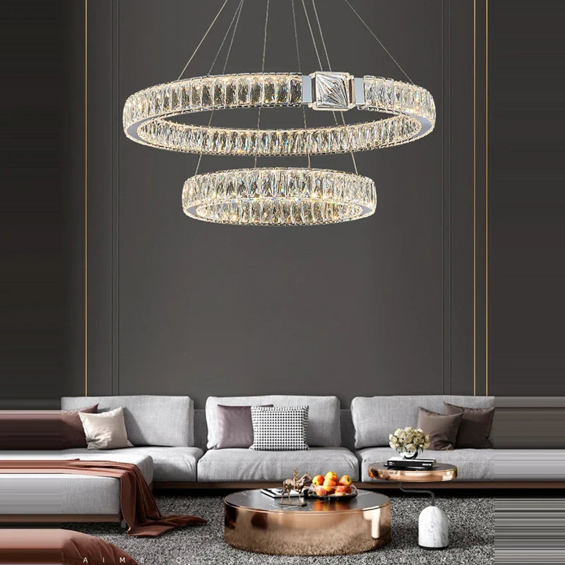 Afralia™ Crystal Block Gold Ring Pendant Light - Luxury Dimmable Ceiling Decor