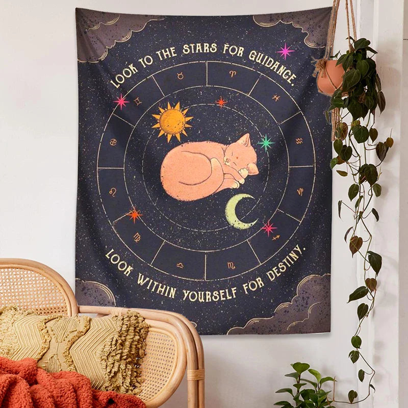 Afralia™ Tarot Cat Zodiac Astrology Sun Moon Wall Hanging Tapestry for Home Decor