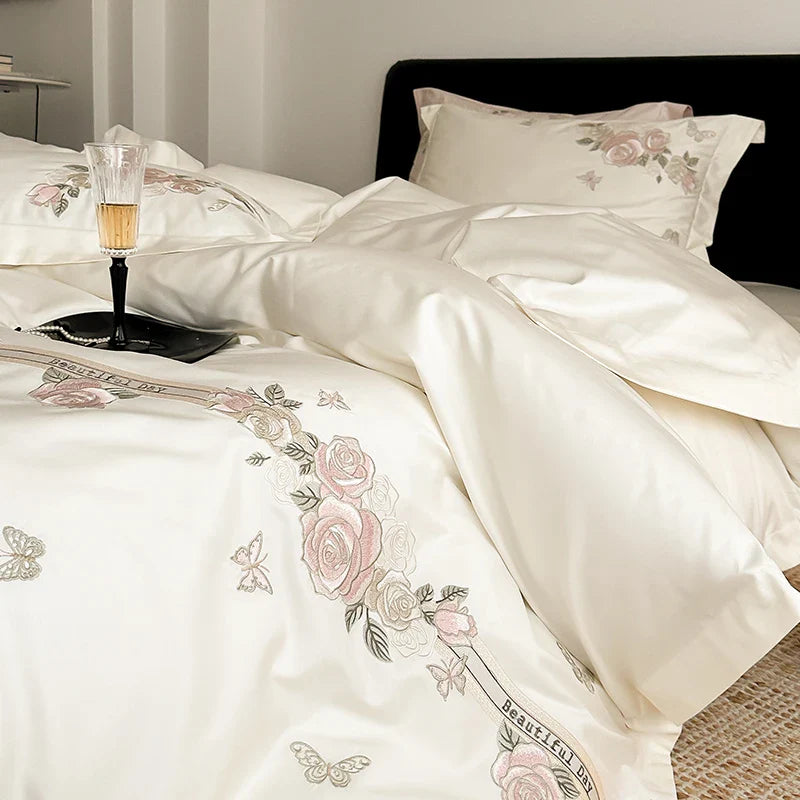 Afralia™ Vintage Rose Butterfly Embroidery Bedding Set 4Pcs