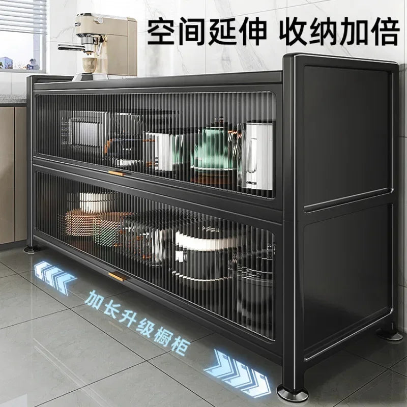 Afralia™ Multi-Storey Kitchen Storage Cabinet with Doors, Microwave Oven Rack & Bowl Organizer