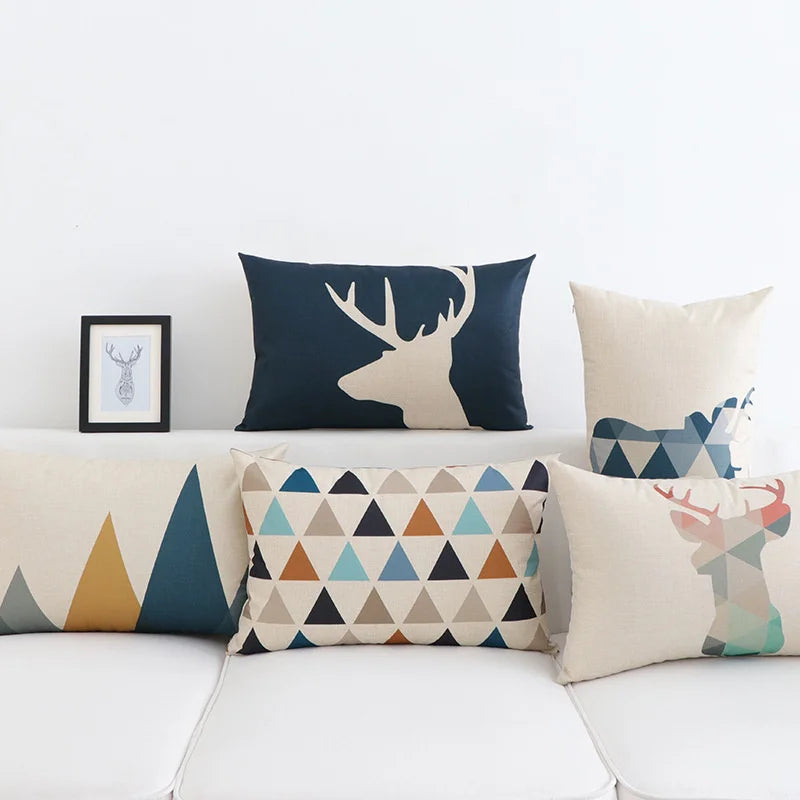 Afralia™ Geometric Elk Design Linen Lumbar Pillow Cover 30X50cm Modern Nordic Home Decor