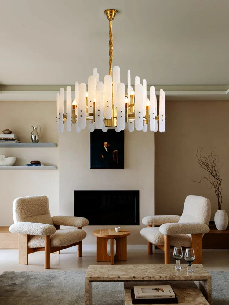 Afralia™ Gold Chrome LED Alabaster Chandelier for Dinning Room