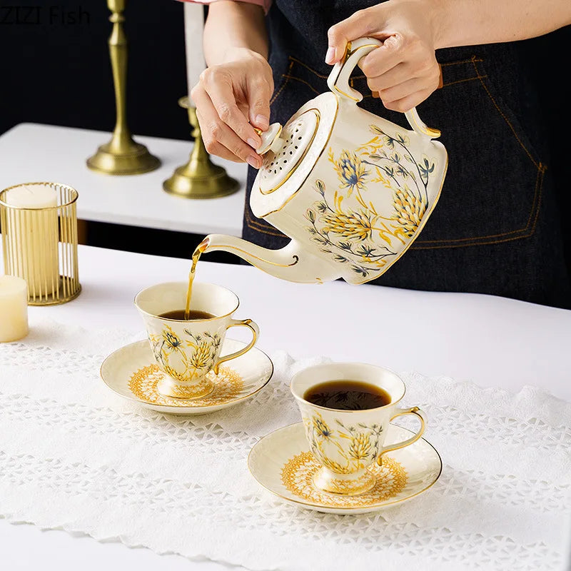 Afralia™ Wheat Ear Ceramic Cup & Saucer Set, Gold-plated Coffee Mug, Tea Cup, Juice Container