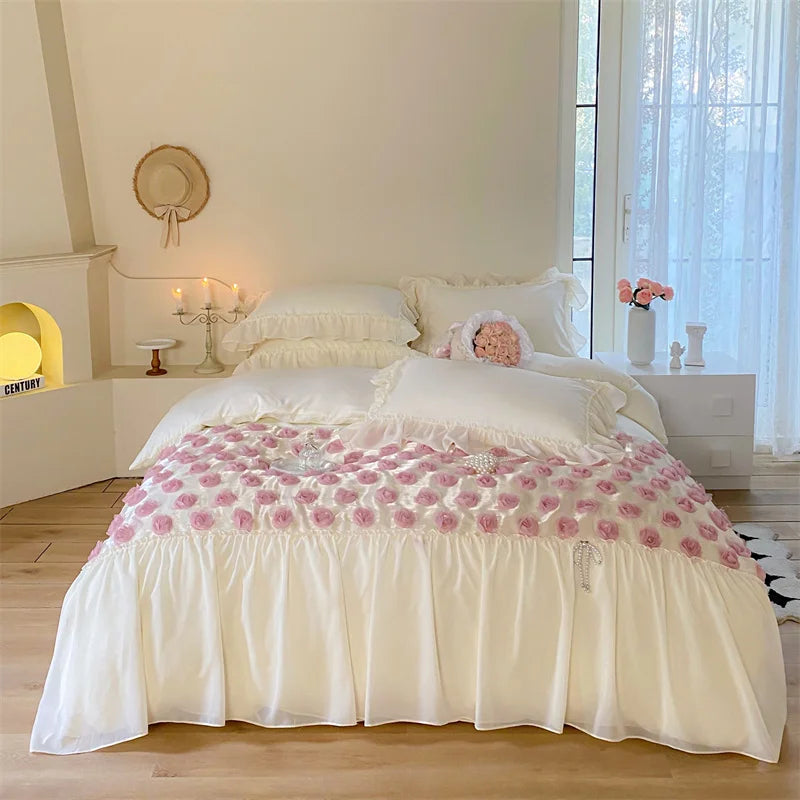 Afralia™ Romantic Rose Lace Bedding Set: Duvet Cover, Sheet, Pillowcases, Ruffles