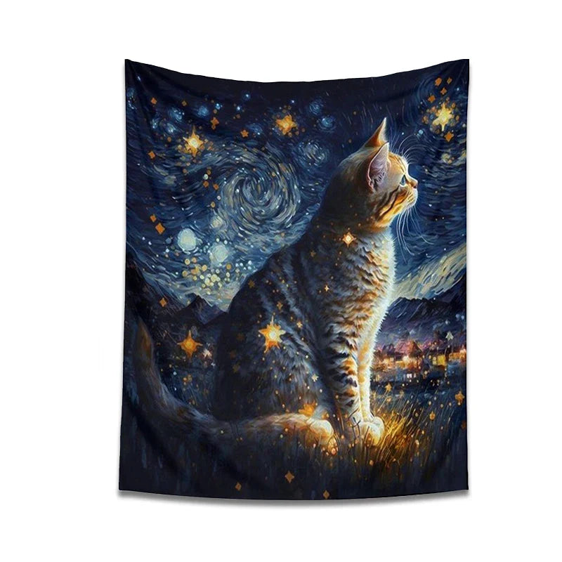 Afralia™ Starry Night Cat Tapestry: Moon Art Oil Painting Wall Hanging for Boho Home Decor