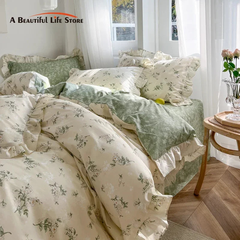 Afralia™ Floral Lace Ruffle Bedding Set, Fresh Flower Single Duvet Cover, 100% Cotton