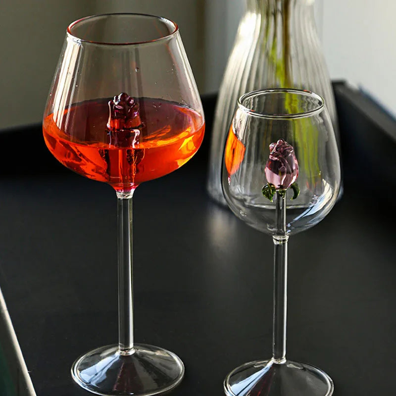 Afralia™ 3D Pink Glass Rose Wine Goblets Set - Lovely Household Gift