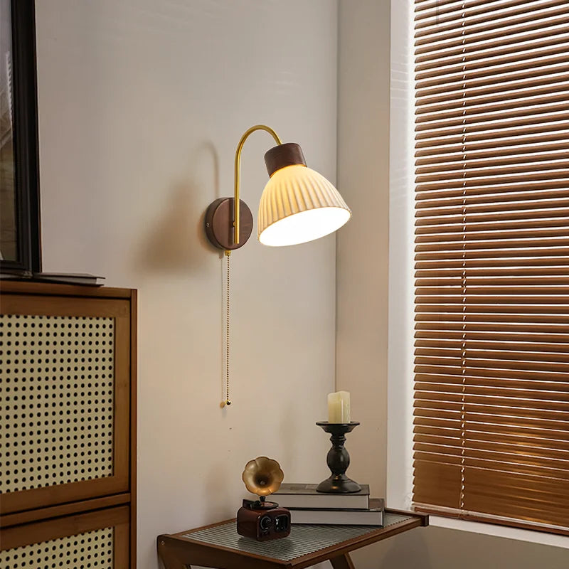 Afralia™ Ceramic Wood LED Wall Lights Modern Bedside Lamp for Home Decor