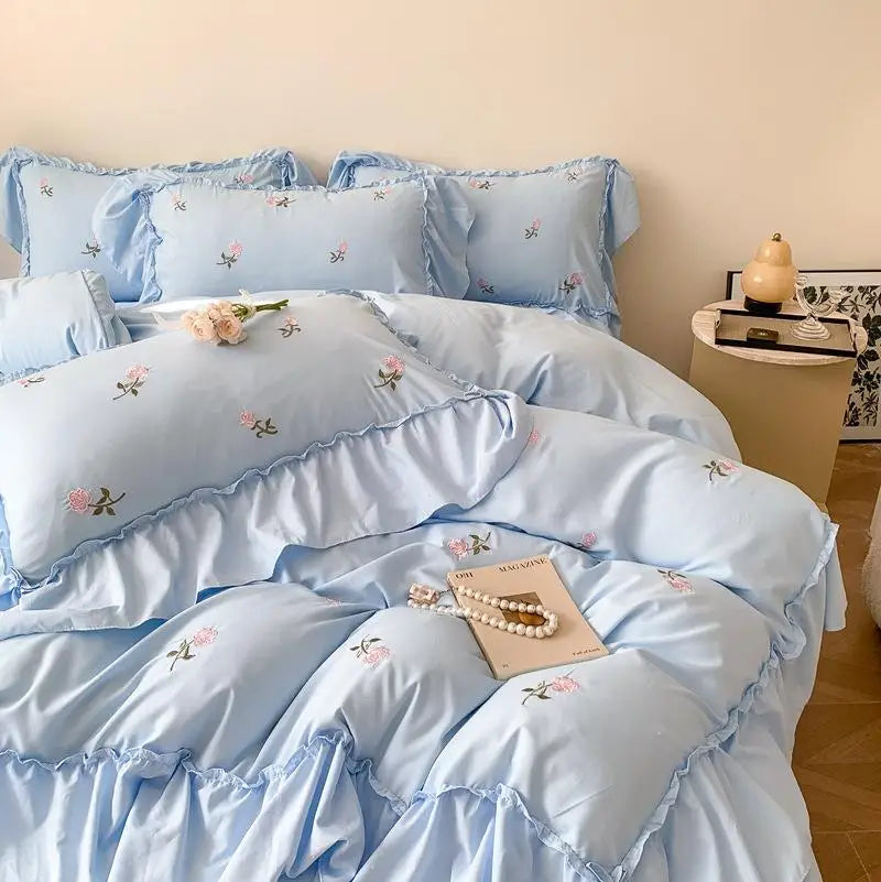 Afralia™ Rose Embroidered Princess Style Lace Bedding Set