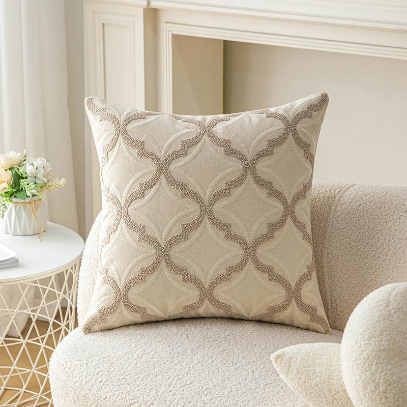 Afralia™ Geometric Embroidery Beige Floor Pillow Cover for Living Room Sofa