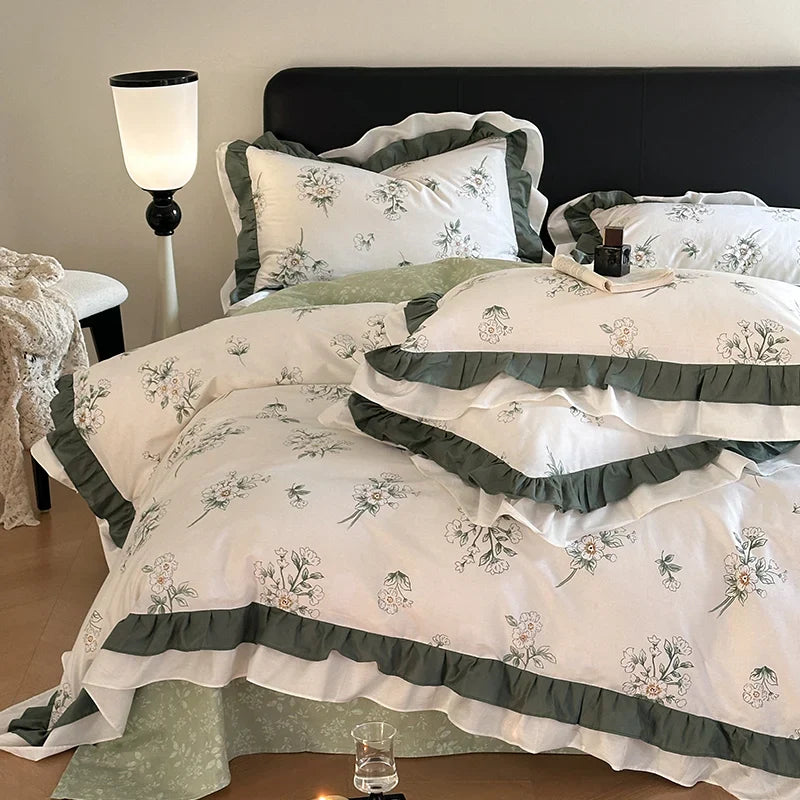 Afralia™ Vintage Floral Cotton Ruffles Princess Bedding Set with Double Layer