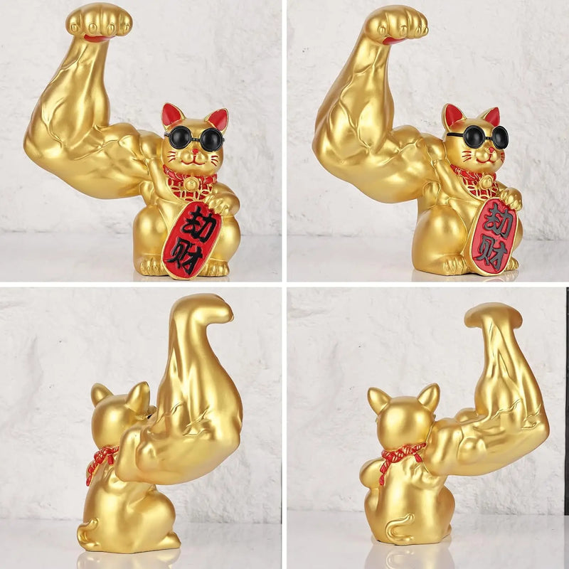 Afralia™ Large Muscle Arm Fortune Cat Resin Sculpture Home Decor Statue