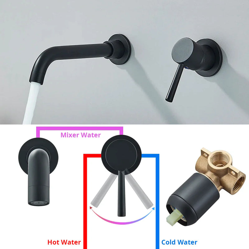 Afralia™ Wall Mounted Brushed Gold/Black Basin Faucet: Bathroom Sink Tap Hot/Cold Mixer