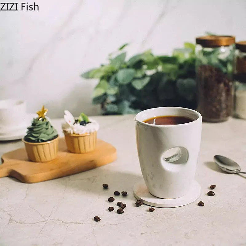 Afralia™ Hollow White Ceramic Cups Set of 2 Dining Coffee Teacup Juice Container