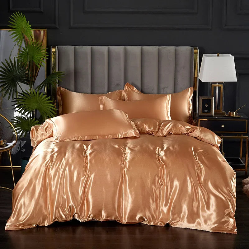 Afralia™ Nordic Faux Silk Solid Color Bedding Sets for Queen/King Bed Home Décor