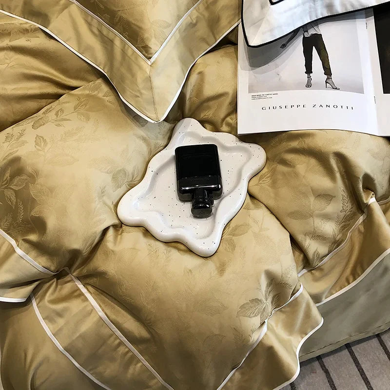 Afralia™ Jacquard Satin & Egyptian Cotton Patchwork Bedding Set - 4pcs