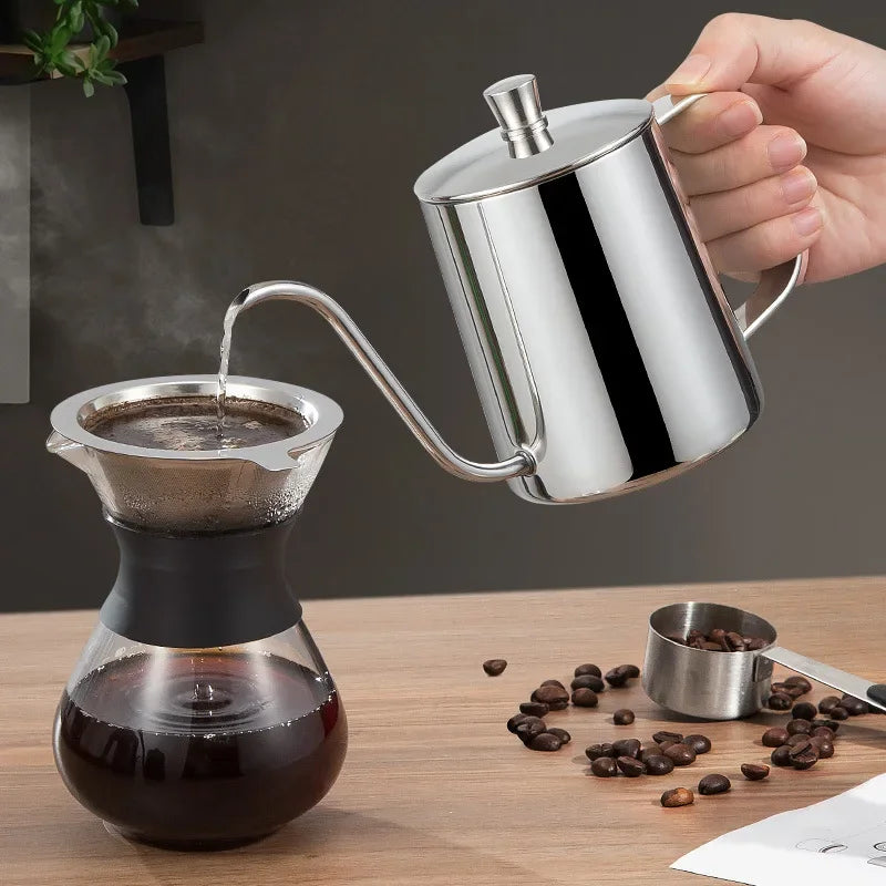 Afralia™ Glass Coffee Maker Pot Barista Kettle Stainless Steel Strainer Pitcher