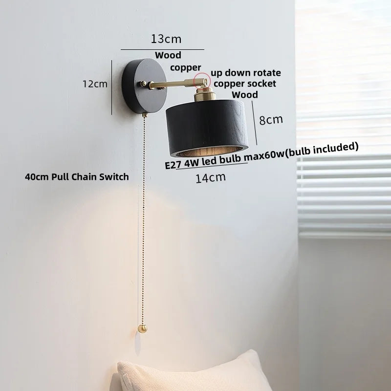 Afralia™ White Ceramic LED Wall Lamp Wood Canopy Sconce Reef Pull Chain Switch