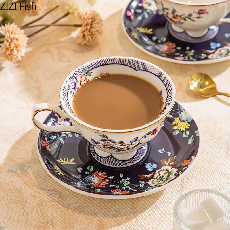 Afralia™ Flowers Pattern Ceramic Cup & Saucer Set for Dining Table, Coffee, Tea, Juice
