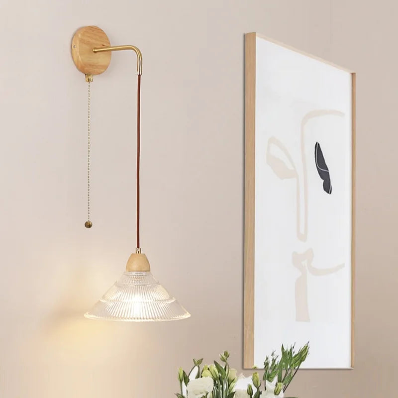 Afralia™ Clear Glass LED Wall Lights with Wood Pull Chain Switch, Modern Art Bedside Lamp